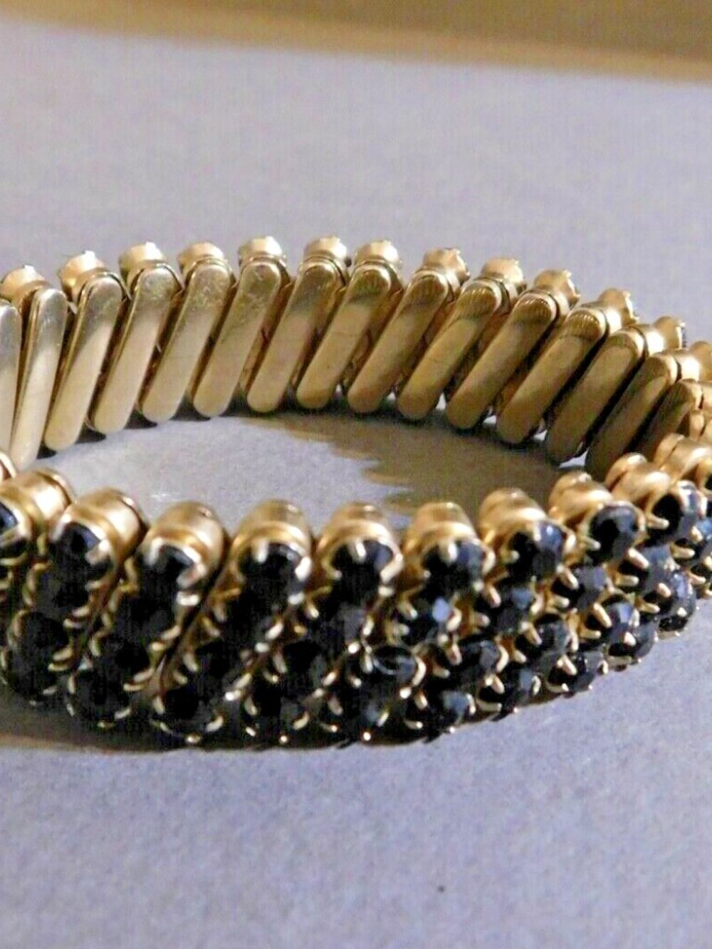 1950s Expandable Rhinestone BRACELET Jet Black Gold Cuff Made in JAPAN Vintage